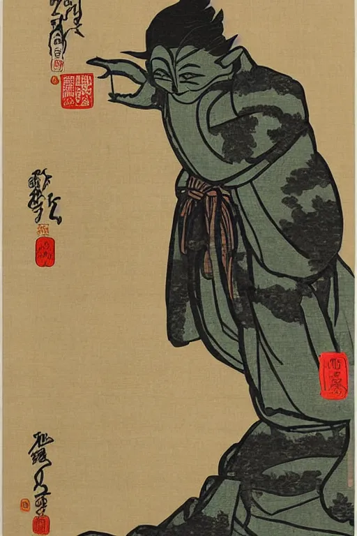 Prompt: Japanese woodblock print of Yoda, Utagawa Yoshitora