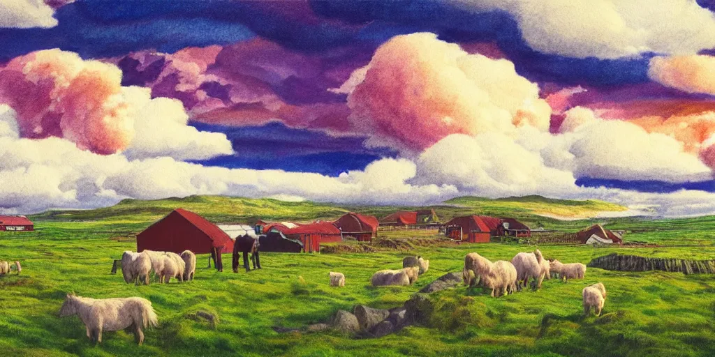 Image similar to a beautiful painting of a icelandic farm, icelandic horses galloping, storm clouds gathering over the town, by studio ghibli 8 k pastel colours, isometric, three point perspective, drone shot, smeared watercolours, golden light, film grain