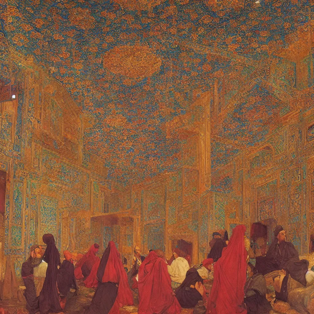 Prompt: brightly coloured patterns on its ceilings, osman hamdi bey style,
