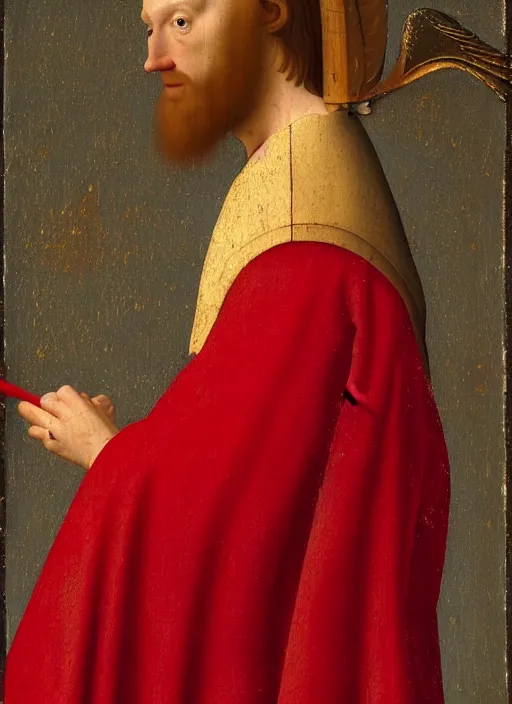 Image similar to profile of a fallen angel dressed in red with wings by Jan van Eyck, Hieronymus Bosch, Johannes Vermeer 4k post-processing, highly detailed medieval painting