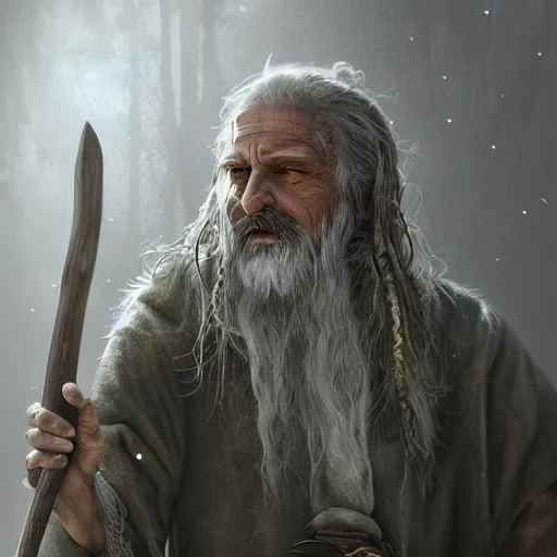 Image similar to realistic a human hobo druid with an axe beak, fantasy book, high detail, 8 k, octane render painting, dark fantasy