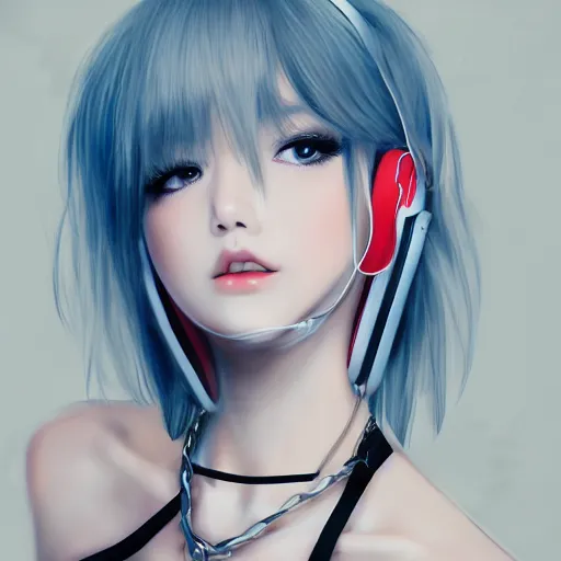 Image similar to realistic teasing detailed semirealism beautiful gorgeous cute Blackpink Lalisa Manoban white hair white cat ears blue eyes, wearing black camisole outfit, headphones, black leather choker full HD 4K high resolution quality WLOP, Aztodio, Taejune Kim, Guweiz, Pixiv, Instagram, Artstation