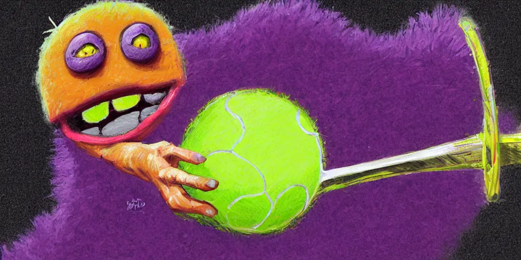 Prompt: tennis ball monster playing on a tennis court, tennis net, tennis stadium, purple, digital art, fantasy, magic, chalk, chalked, trending on artstation, ultra detailed, detailed, fine details, professional illustration by basil gogos