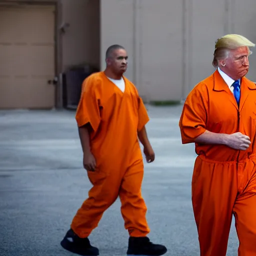 Image similar to photojournalist photo of donald trump!! in orange prison jumpsuit walking in the federal prison yard with other inmates, 3 5 mm f 1. 8