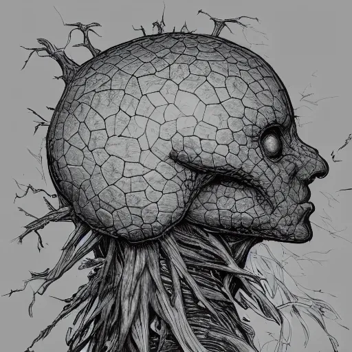 Image similar to iconic hybrid infected mushroom sentinel head closeup album hyper detailed concept art crosshatch sketch illustration art style by Jonathan Wayshak and Toshihiro Egawa and Moebius and Artstation trending 8k