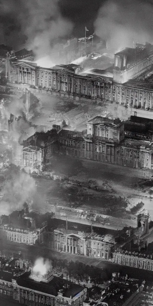 Prompt: the fall of the united kingdom, buckingham palace on fire at midnight