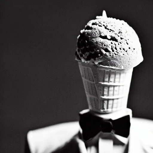 Prompt: a dramatic black-and-white macro photograph of an ice cream cone dressed in a formal tuxedo, ready for the big event on stage. Shallow depth-of-field.