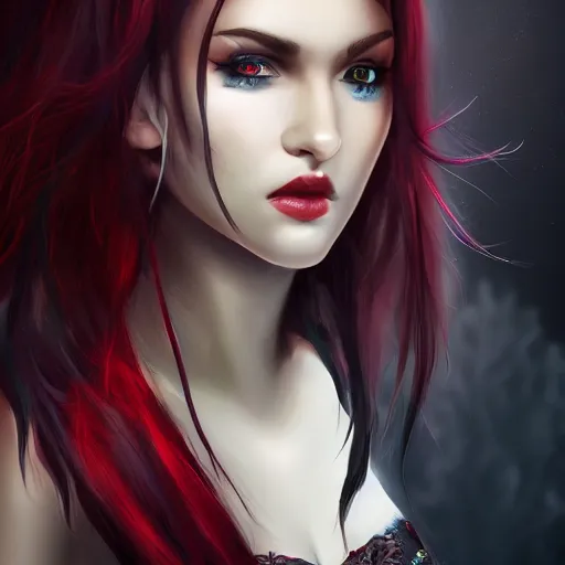 Prompt: Digital portrait of a beautiful half-elf half-vampire young woman. Half black half white hair. Red irises, vertical pupils. Award-winning digital art, trending on ArtStation