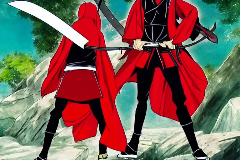 Image similar to a twin blade muscular swordsman, red and black cape and hoodie, scary, intimidating, worn out clothes, torn clothes, as a manga by Masashi Kishimoto