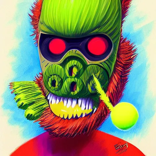 Image similar to a tennis ball monster ,tennis ball, colorful, back to the future, digital art, fantasy, magic, trending on artstation, ultra detailed, professional illustration by Basil Gogos