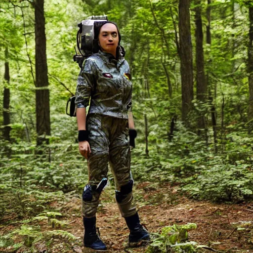 Image similar to a female space scout wearing a camo uniform with white armor exploring a forest planet