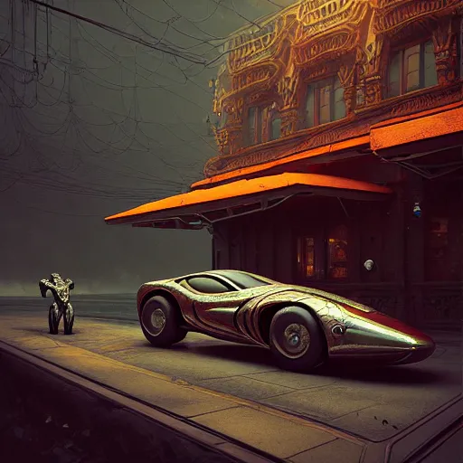 Image similar to cyborg vintage supercar slick warm tones : by michal karcz, daniel merriam, victo ngai and guillermo del toro : ornate, dynamic, particulate, intricate, elegant, highly detailed, centered, artstation, smooth, sharp focus, octane render