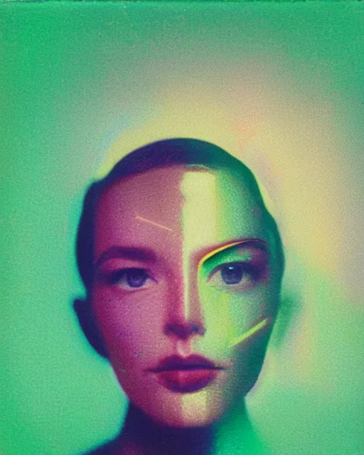 Prompt: chrome woman's face, violet and yellow and green lighting, polaroid photo, atmospheric, whimsical and psychedelic, grainy, expired film, super glitched, corrupted