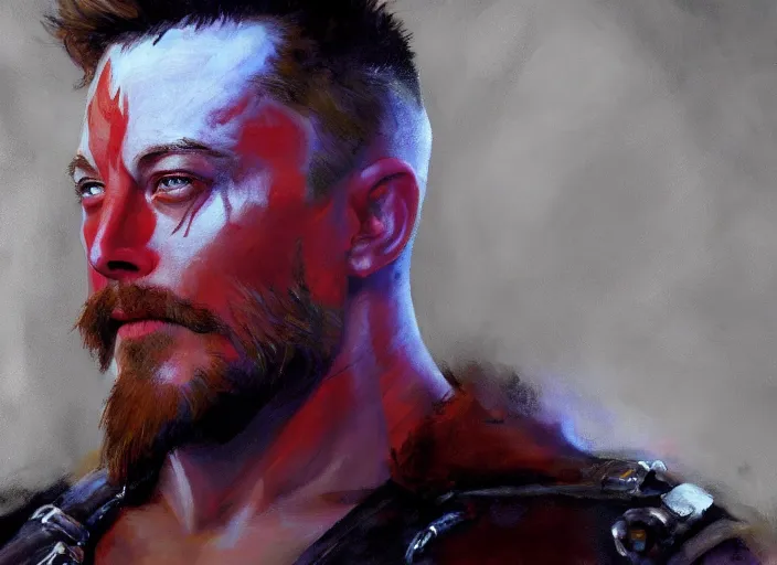 Prompt: a highly detailed beautiful portrait of elon musk as kratos, by gregory manchess, james gurney, james jean