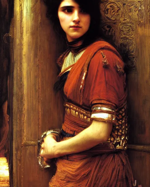 Image similar to time traveller orientalist intricate portrait by john william waterhouse and edwin longsden long and theodore ralli and nasreddine dinet, oil on canvas. cinematic, hyper realism, dramatic lighting, high detail 8 k