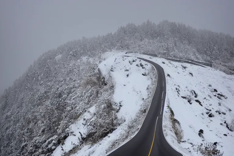 Image similar to a dangerous winding road route on an icy snowy cliff edge, blizzard, photo