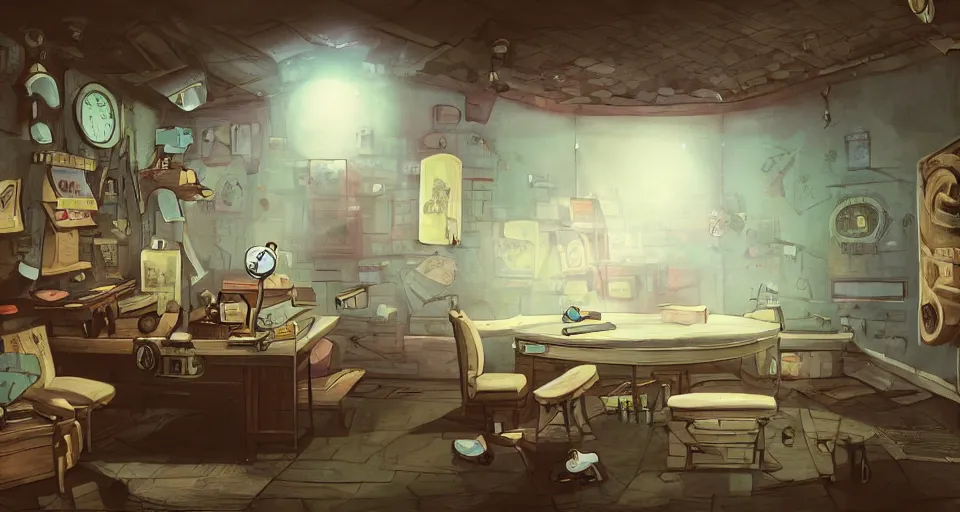 Image similar to A beautiful artwork illustration, a videogame level in a small escape room with a golf ball who is a detective, featured on artstation, wide angle, horizontal orientation