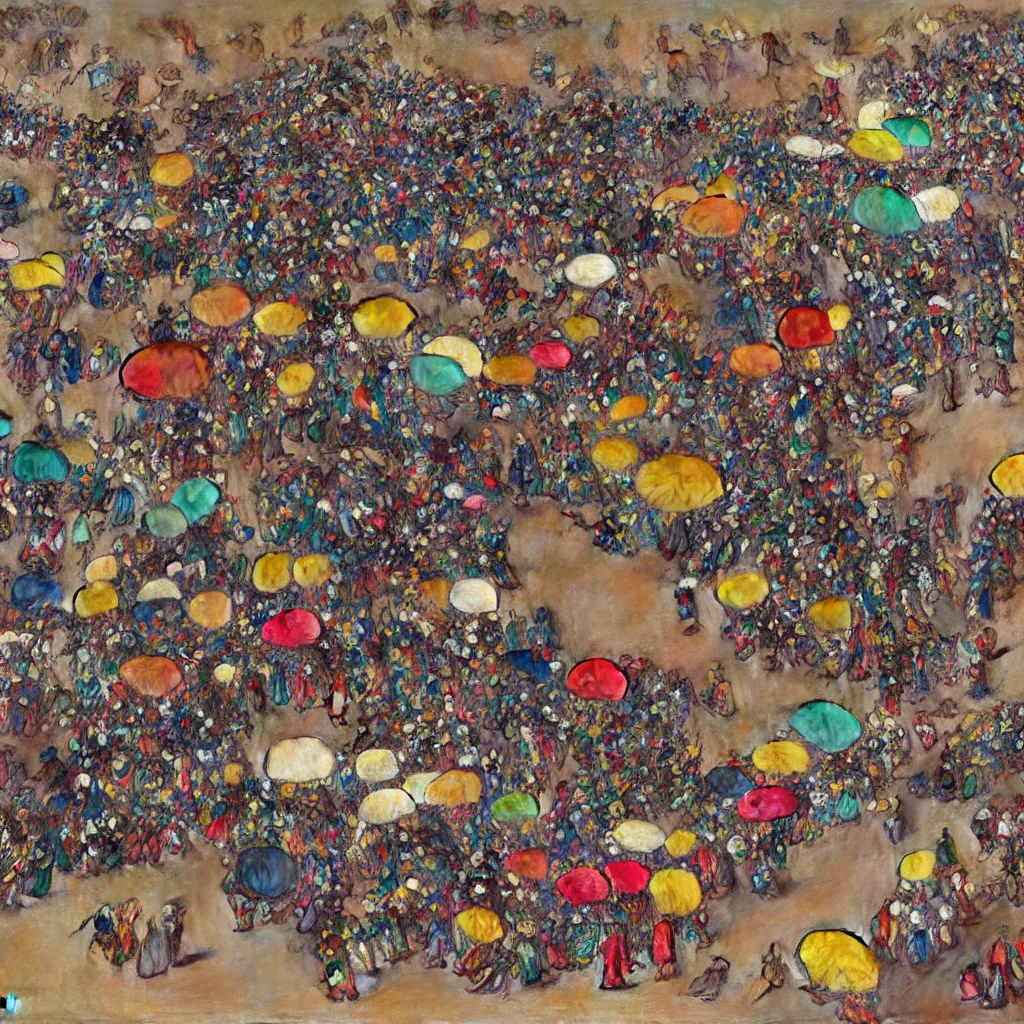 Image similar to dahomey officials with flat colorful umbrellas in ahomey's huge main square, from above, 1905, brightly colored, highly detailed, oil on canvas, by ilya repin