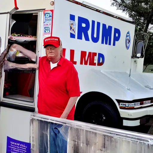 Prompt: donald trump in an ice cream truck giving ice cream to children