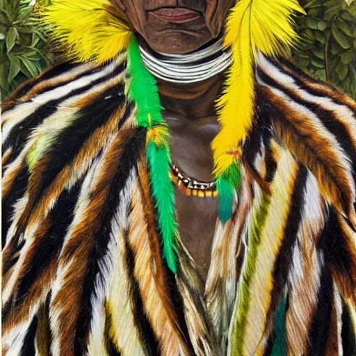 Image similar to high quality high detail painting by lucian freud, hd, indigenous tribe leader with many feathers, muted yellow and green colors, photorealistic lighting