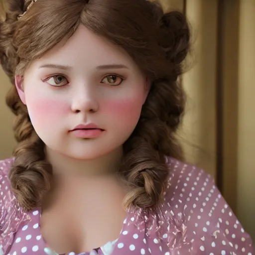 Image similar to charming and chubby girl, wearing a polka dot dress and a victorian - style hairdo on her head, sits in the large and bright studio. sunlight enters through the barred window. very realistic shiny skin. subsurface scattering shiny skin. beautiful lighting, 4 k post - processing, highly detailed, 5 k extremely detailed, 3 d. cinematic scene.