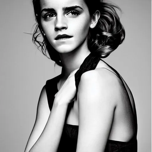 Image similar to Emma Watson closeup face shoulders very long hair hair slightly open lips Vogue fashion shoot by Peter Lindbergh fashion poses detailed professional studio lighting dramatic shadows professional photograph by Cecil Beaton, Lee Miller, Irving Penn, David Bailey, Corinne Day, Patrick Demarchelier, Nick Knight, Herb Ritts, Mario Testino, Tim Walker, Bruce Weber, Edward Steichen, Albert Watson