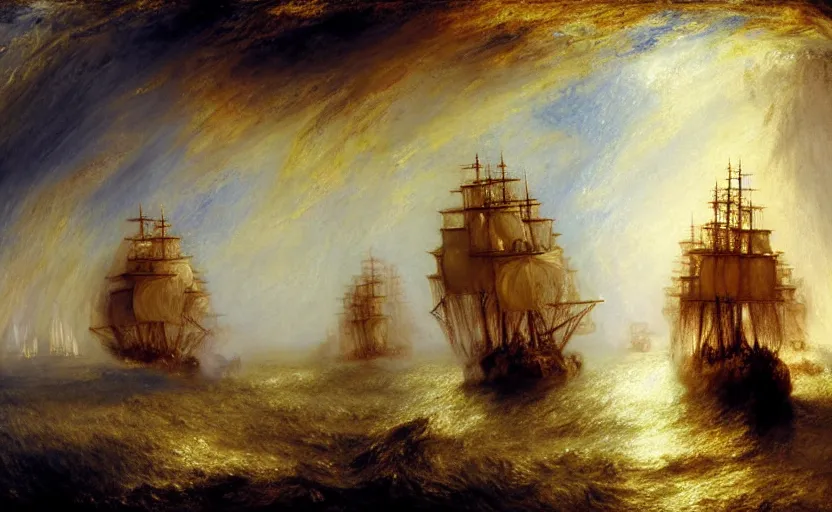 Image similar to epic naval battle, pirate galleons. by artstation trending, by joseph mallord william turner, luis royo, konstantin razumov, cinematic lighting, fractal flame, highly detailed