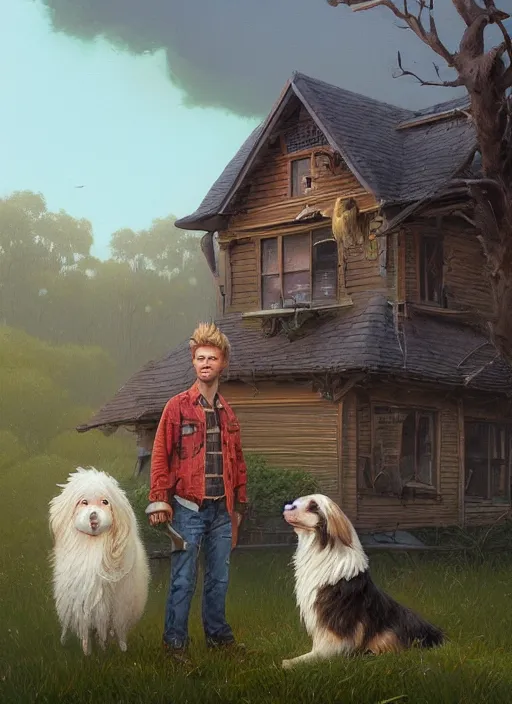 Image similar to highly detailed portrait of long - haired hillbilly in front of old style house, with his fluffy australian shepherd, blonde hair, stephen bliss, art by greg rutkowski, loish, rhads, ferdinand knab, makoto shinkai and lois van baarle, artgerm, pixar, ilya kuvshinov, rossdraws, tom bagshaw, global illumination