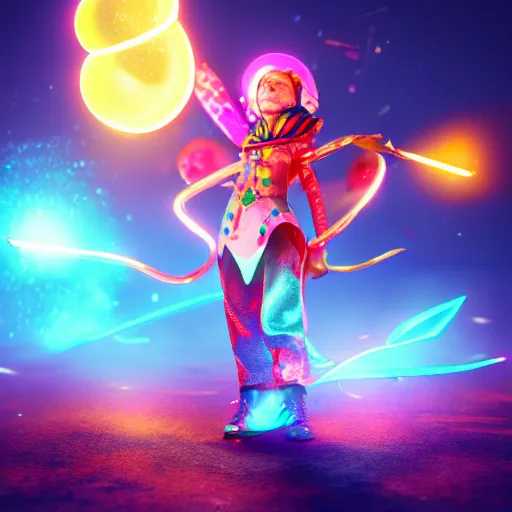 Image similar to candypunk sorcerer, character design, high quality digital art, render, octane, redshift, volumetric lighting, oled