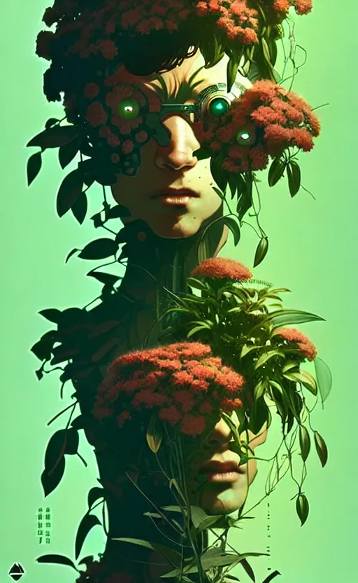 Image similar to a cyborg in some plants with flowers for a face by satoshi kon and greg rutkowski, 7 0's vintage sci - fi flat surreal design