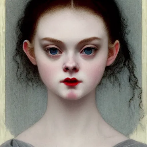 Image similar to A masterpiece head and shoulders scary portrait of Elle Fanning as a vampire by William Adolphe Bouguereau and Junji Ito