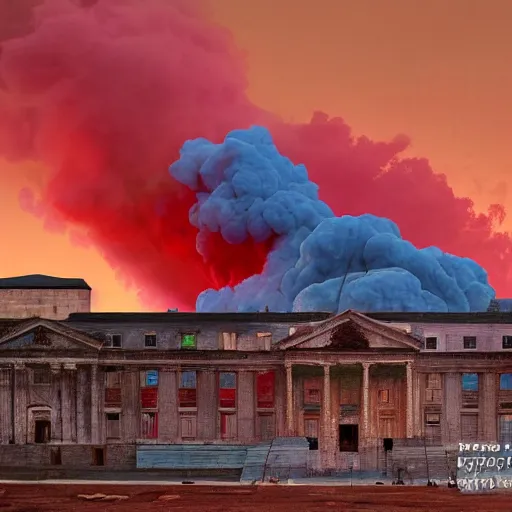 Image similar to dystopian, destroyed washington dc, real, blue sky, smoke, red clouds, detailed, award winning, masterpiece, photograph, cinematic, hyperrealism