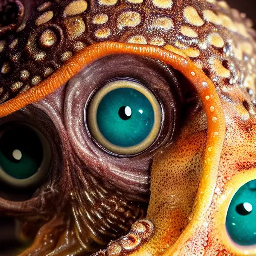 Image similar to a close up of an octopus with human eyes, a macro photograph by craola, flickr contest winner, mingei, lovecraftian, grotesque, macro photography