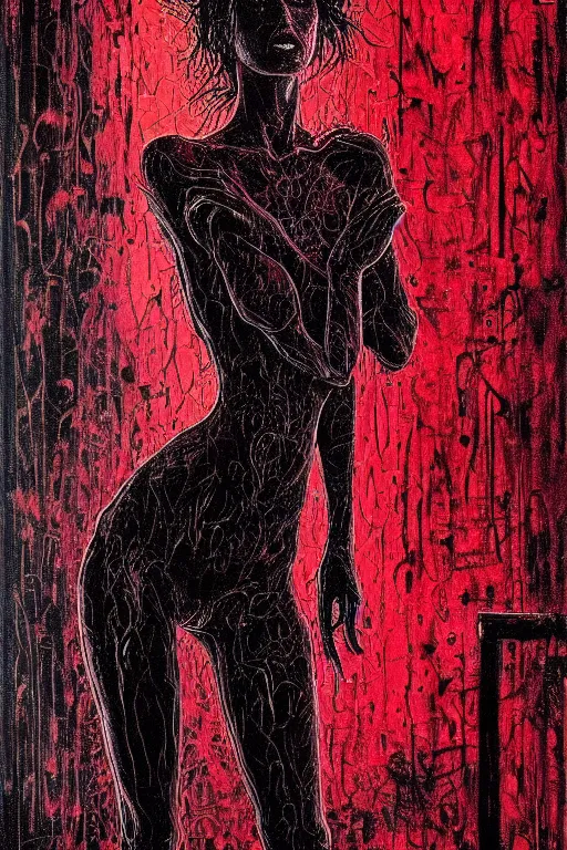 Prompt: dreamy gothic girl, long black leather, wet red brush, beautiful woman body, detailed acrylic, grunge, intricate complexity, by dan mumford and by alberto giacometti, peter lindbergh