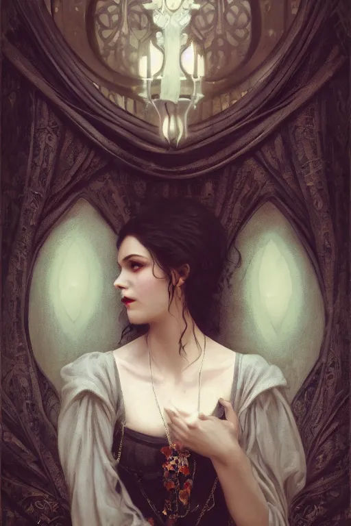 Image similar to a portrait of elegant beautiful dark bohemian vampire woman, bored, illustration, dramatic lighting, soft details, painting oil on canvas, art nouveau, octane render, HDR, 4k, 8k, HD, by Edmund Blair Leighton, Brom, Charlie Bowater, trending on artstation, faces by Tom Bagshaw, Sargent