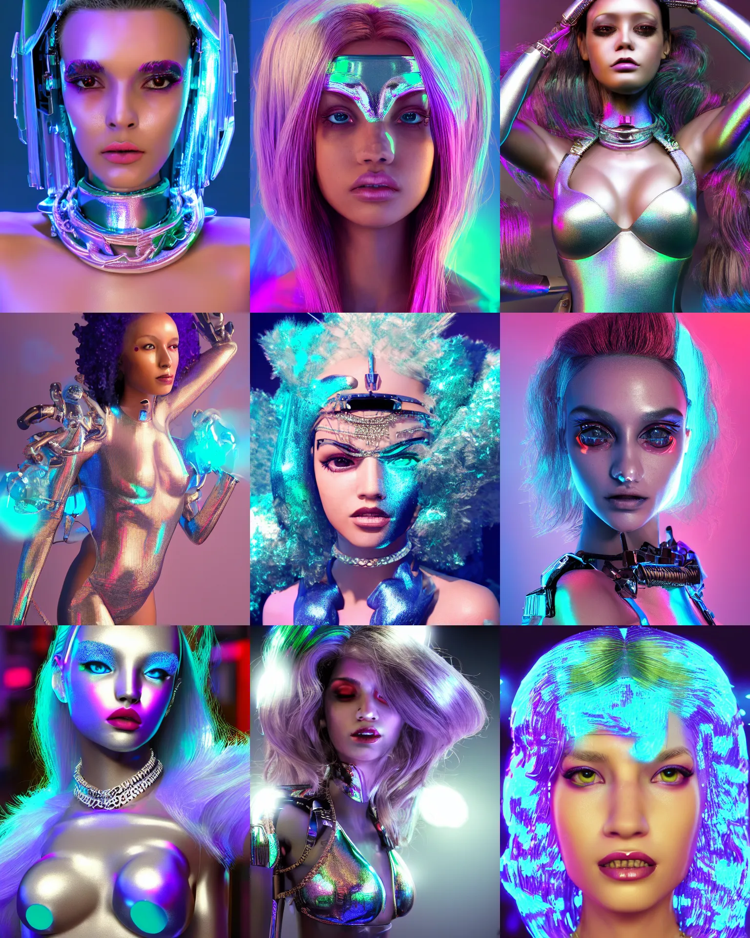 Prompt: BOTS magazine cover body portrait :: of a cute gorgeous shiny pearlescent iridescent young woman cyborg on a crowded packed nyc sidewalk, high fashion photoshoot, elaborate hair worn up, intricate details, jewelry, rave outfit, :: octane render, volumetric lighting, trending on artstation, anime girl, ue5, blender render, photoreal, sci-fi, science fiction, :: rossdraws, nixri, gui guimaraes, Greg rutkowski, :: Madison beer, ::