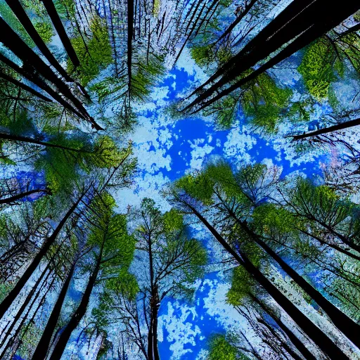 Prompt: looking up at the tops of trees in a forest, an ultrafine detailed painting by jon coffelt, shutterstock contest winner, generative art, multiple exposure, fisheye lens, high dynamic range