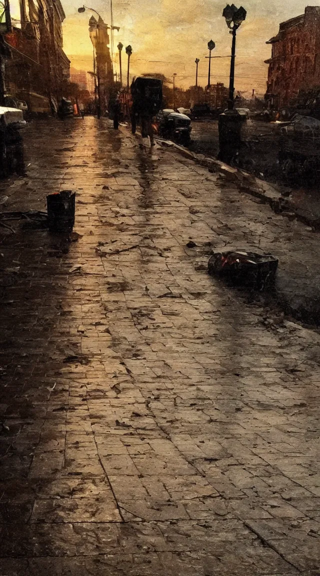 Prompt: a single crushed american plastic cup on wet sidewalk as a classical painting, oil painting, epic lighting, dramatic composition, night, dusk