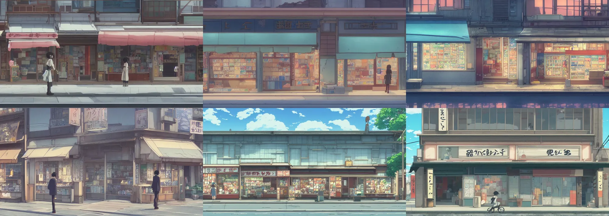 Prompt: front view of a japanese storefront, screenshot in the beautiful anime film by makoto shinkai and studio ghibli