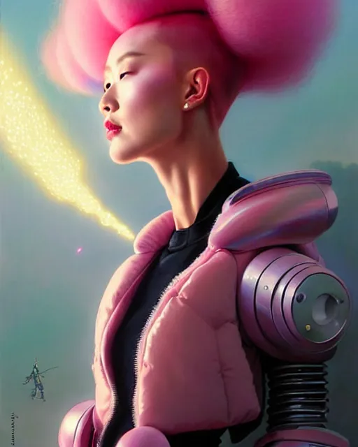 Prompt: beautiful fantasy character portrait, roseanne park, wearing pink puffy bomber jacket with leotard, futuristic robots, ultra realistic, dramatic lighting, robots, the fifth element artifacts, highly detailed by peter mohrbacher, hajime sorayama, wayne barlowe, boris vallejo, aaron horkey, gaston bussiere, craig mullins