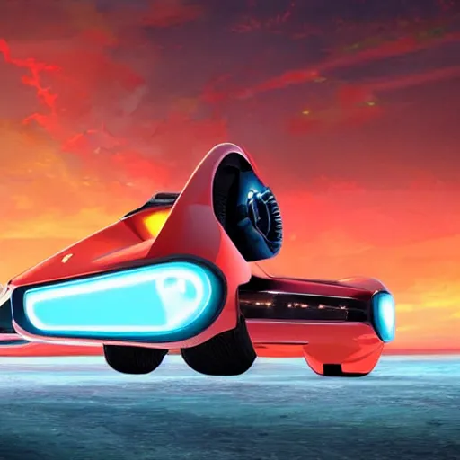 Image similar to concpet art featuring a futuristic ferrari themed hoverboard. beach, sunset. fine detail. this 4 k hd image is trending on artstation, featured on behance, well - rendered, extra crisp, features intricate detail, epic composition and the style of unreal engine.