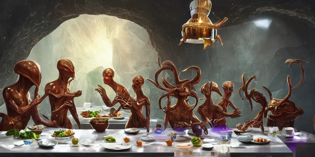 Image similar to !view from the kitchen, chefs cooking, in the background we see 13 diverse aliens enjoying a rich salad around a marble table, !positioned as last supper cinematic lighting, crystals and diamonds, fantasy, surreal, floating, highly detalied, 4k, artstation, by Wayne Barlowe