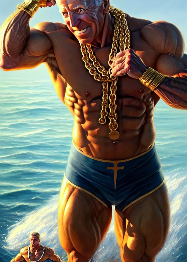 Image similar to super muscular joe biden wearing cycling shorts and gold chains walking on water, elegant, real life skin, intricate, high detailed, artstation, concept art, smooth, sharp focus, art by artgerm and greg rutkowski