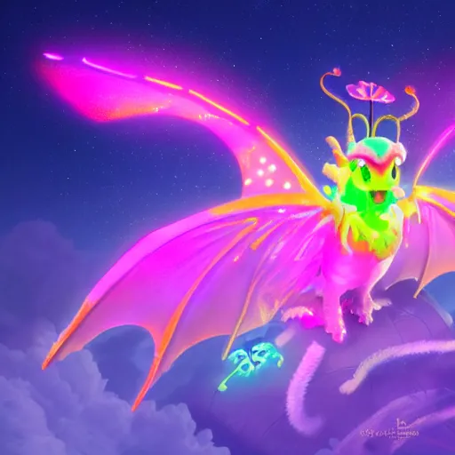 Prompt: florescent dragon with butterfly wings on a candy cotton biome, glow wave, overhead view, neon, by pixar, luminescent, digital art, trending on artstation, behance, deviantart, unreal engine 5, octane i, smooth, fantasy art, intricate detailed