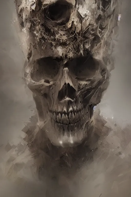 Image similar to skull, close - up portrait, powerfull, intricate, elegant, volumetric lighting, scenery, digital painting, highly detailed, artstation, sharp focus, illustration, concept art, ruan jia, steve mccurry