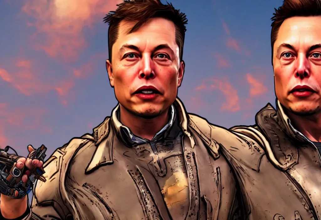 Image similar to elon musk in borderlands elon musk in the video game borderlands, gameplay screenshot, close up, 3 d rendering. unreal engine. amazing likeness. very detailed.