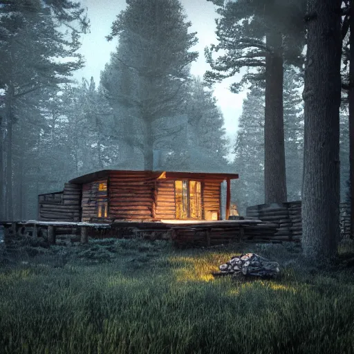 Image similar to a cabin in the woods, octane render