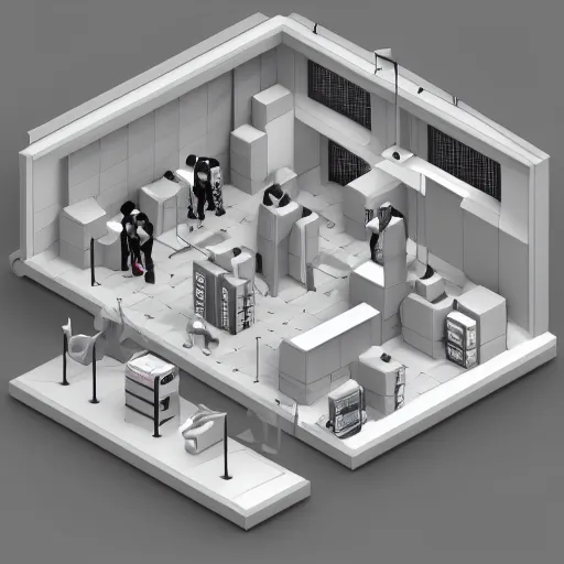 Image similar to isometric room 3 d model, realistic, detailed, crowded, neat