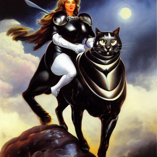 Image similar to a serious looking girl riding on a large fat black and white cat wearing armor, painted by Boris Vallejo