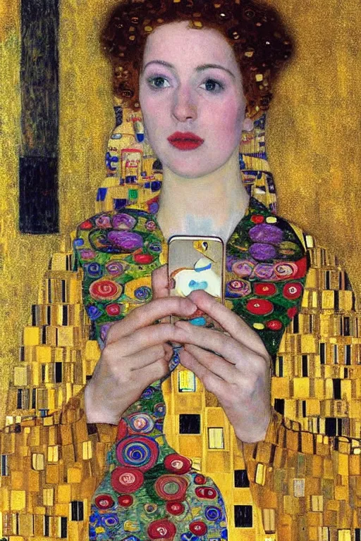 Prompt: iphone selfie, phone in hand, by gustav klimt